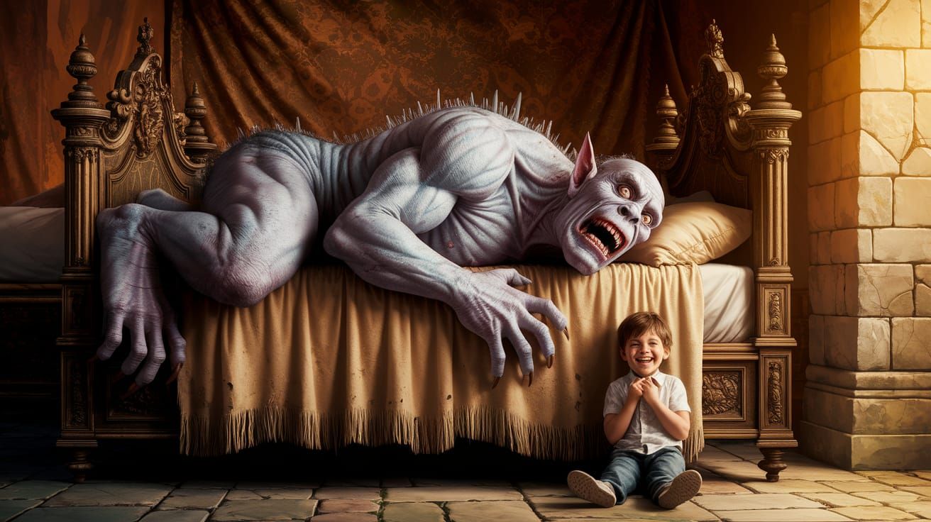 Grotesque Monster Stares Down at Mischievous Boy Hiding Bene...
