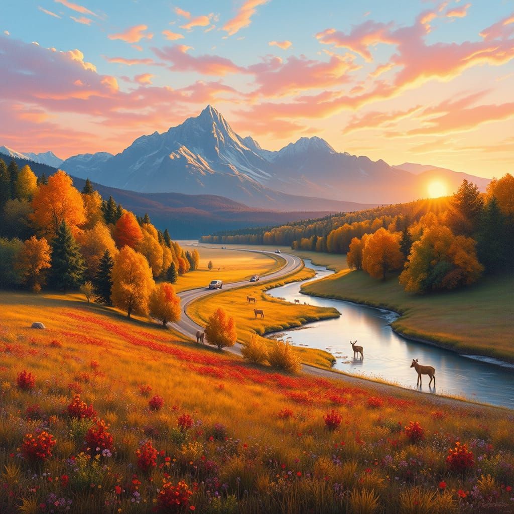 Breathtaking Fall Mountainscape in Vibrant Oil Painting