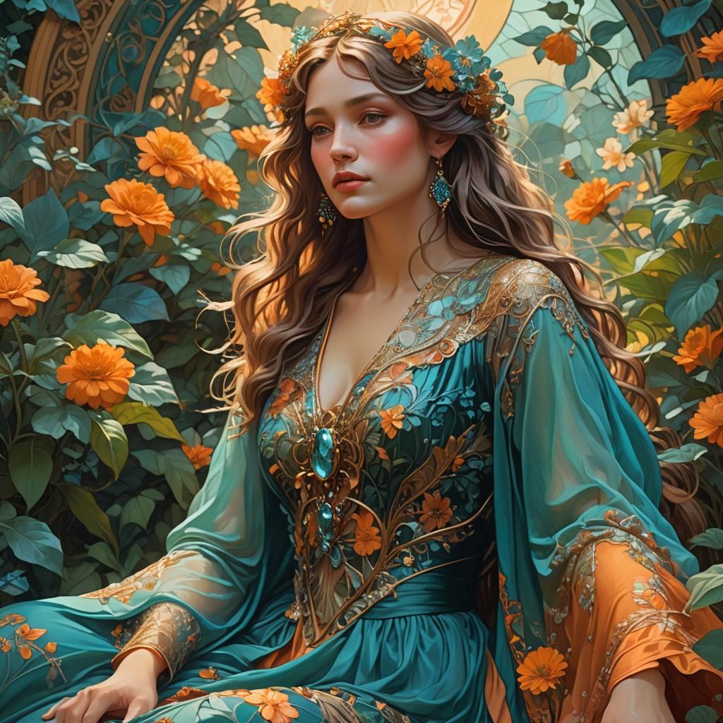 Woman in Garden: Digital Art in Alphonse Mucha Style