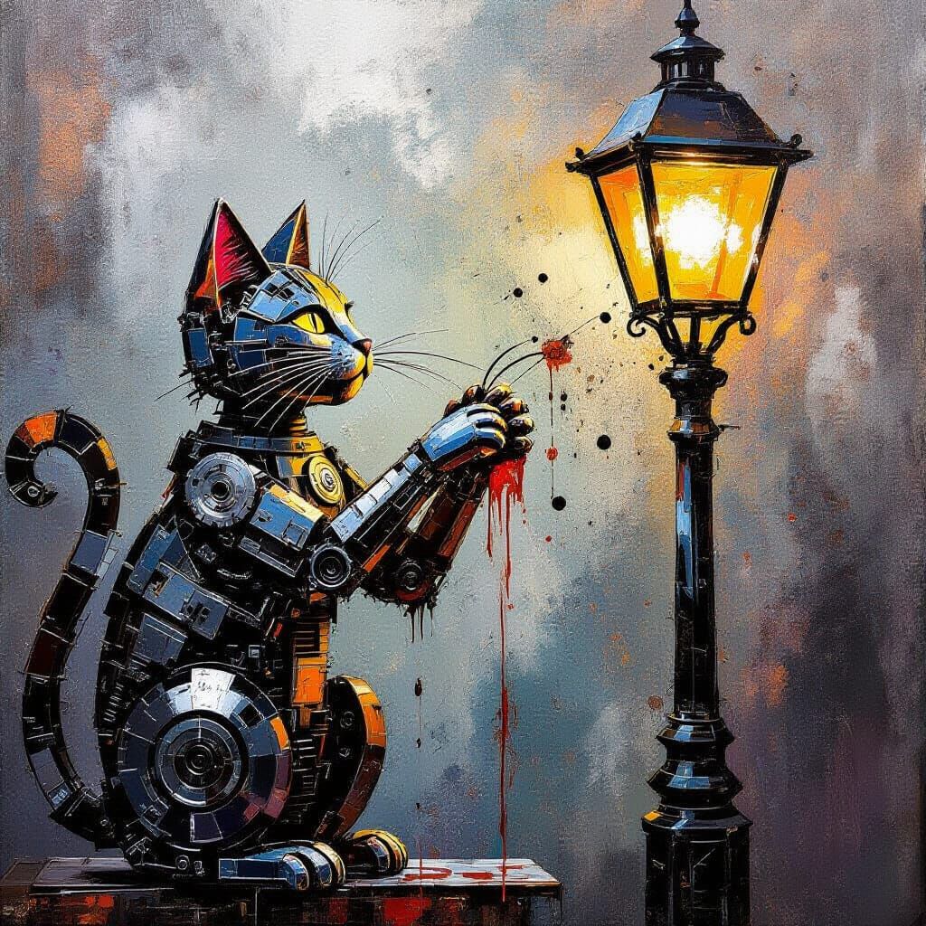 Metallic Cat Scratches Lamp in Abstract Expressionist Style