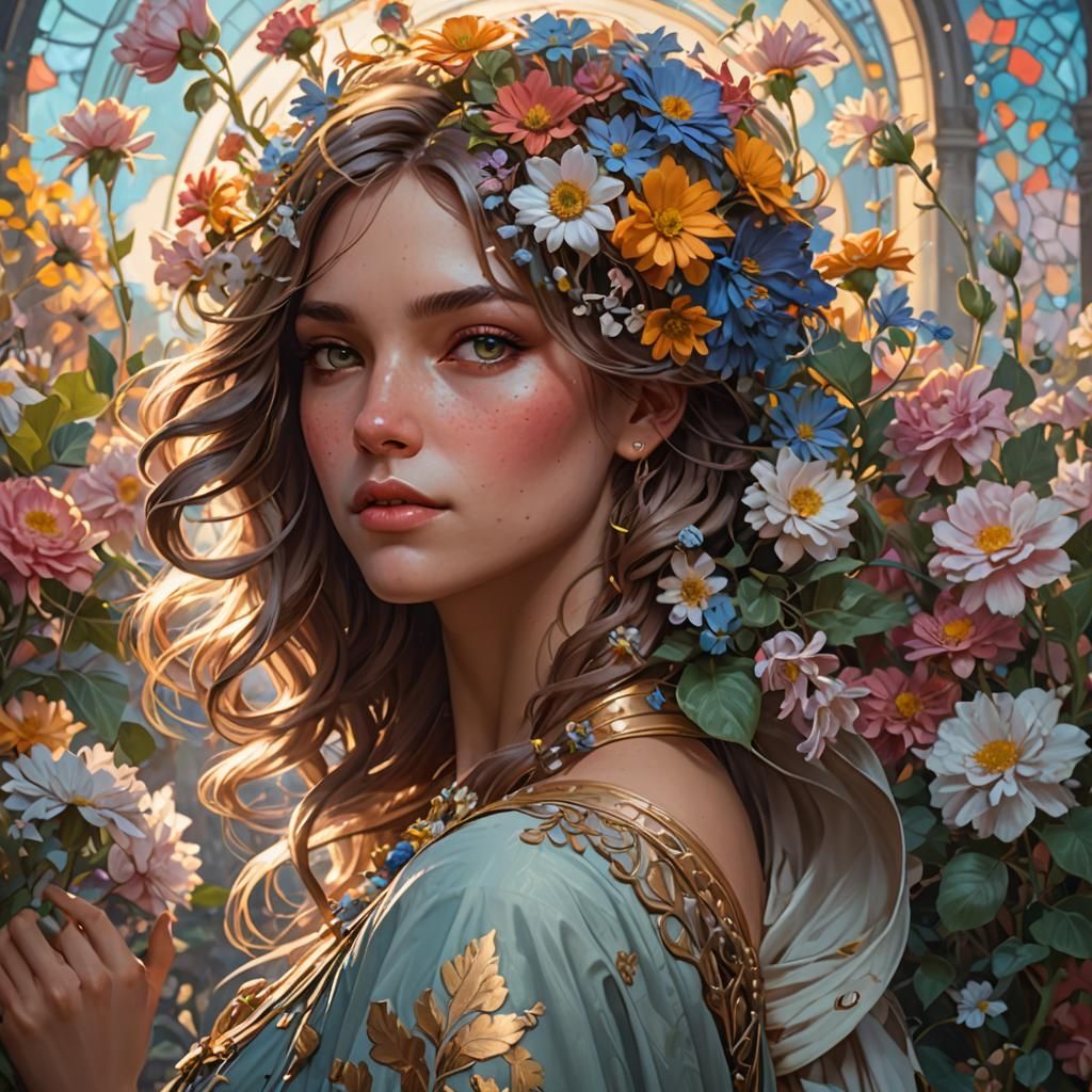 Floral Woman: Detailed Portrait in Art Nouveau Style