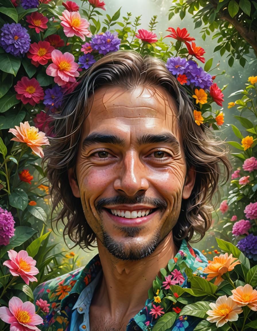 Smiling Person in Vibrant Garden: Digital Art Portrait