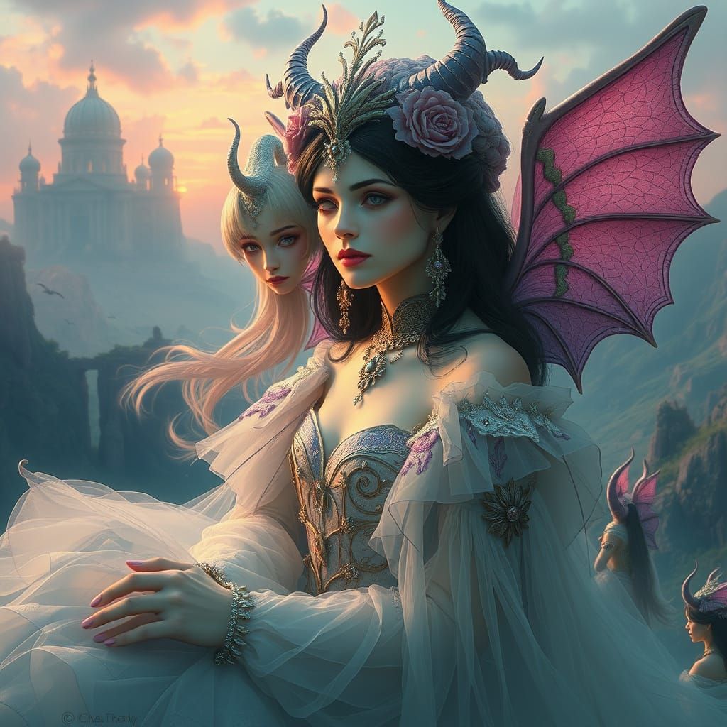 Ethereal Demonesses in a Surreal Pastel Landscape