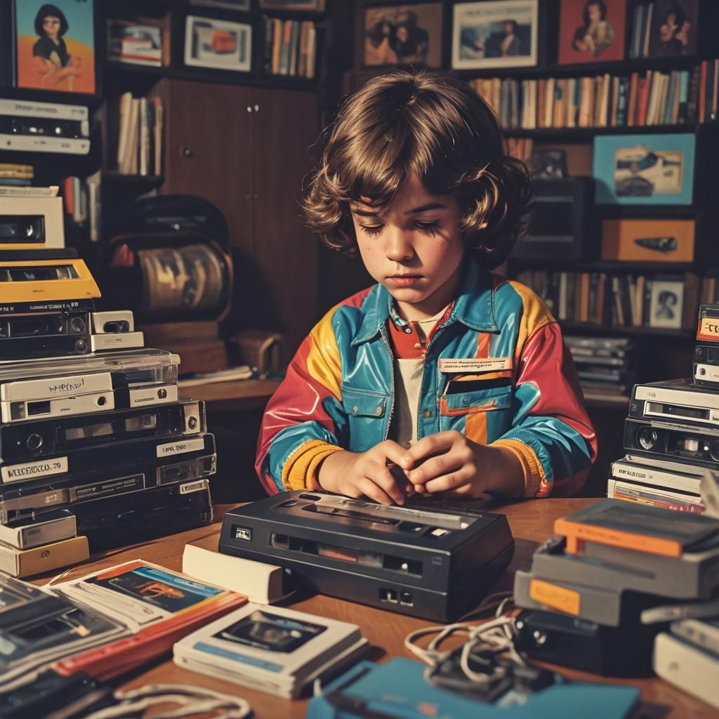 Retro Kid Pushing Cassette and VHS Tapes