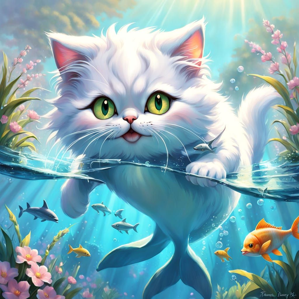 Whimsical Digital Painting of a Kitten with a Happy Fish in ...