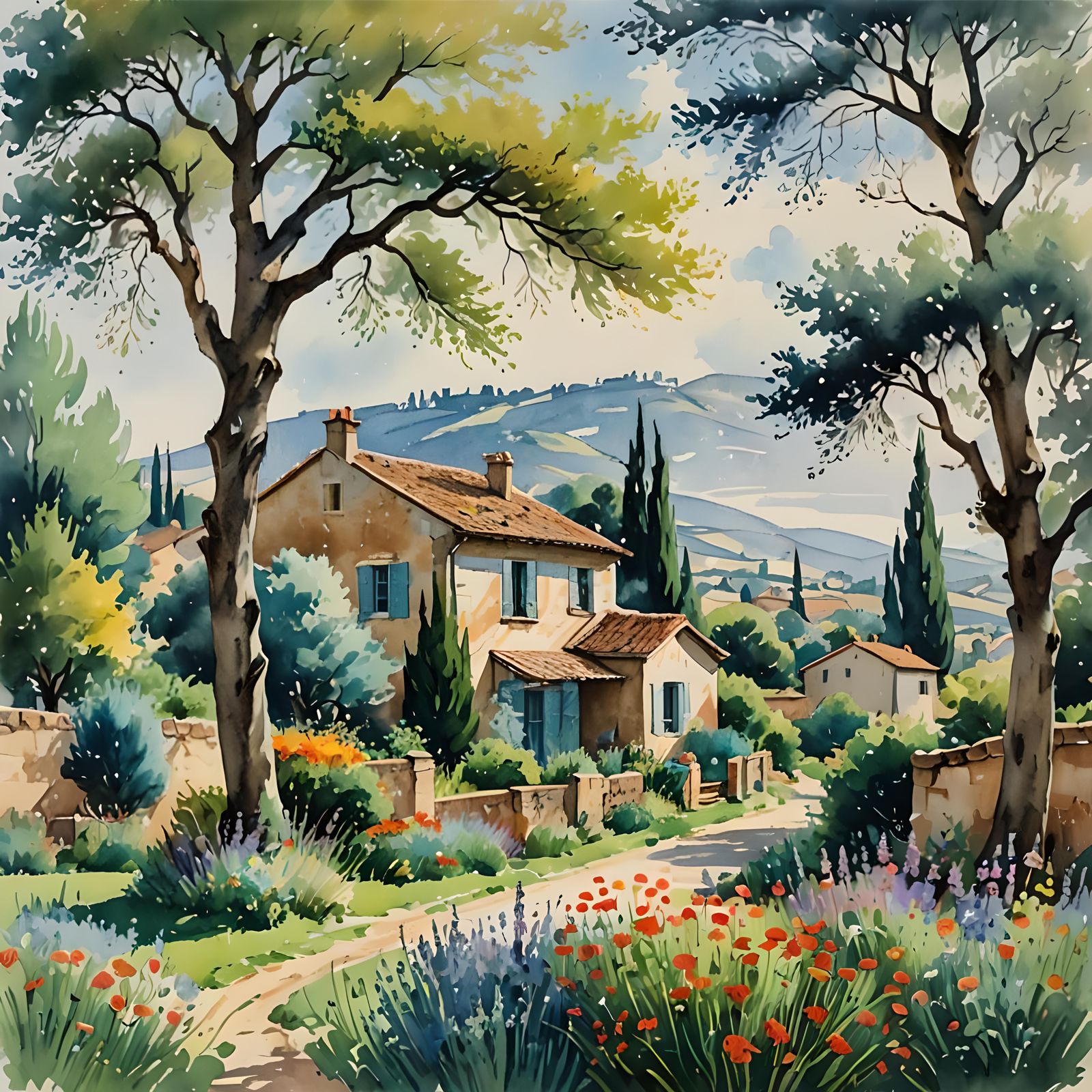 French Farmhouse Painting in Impressionist Gouache Style