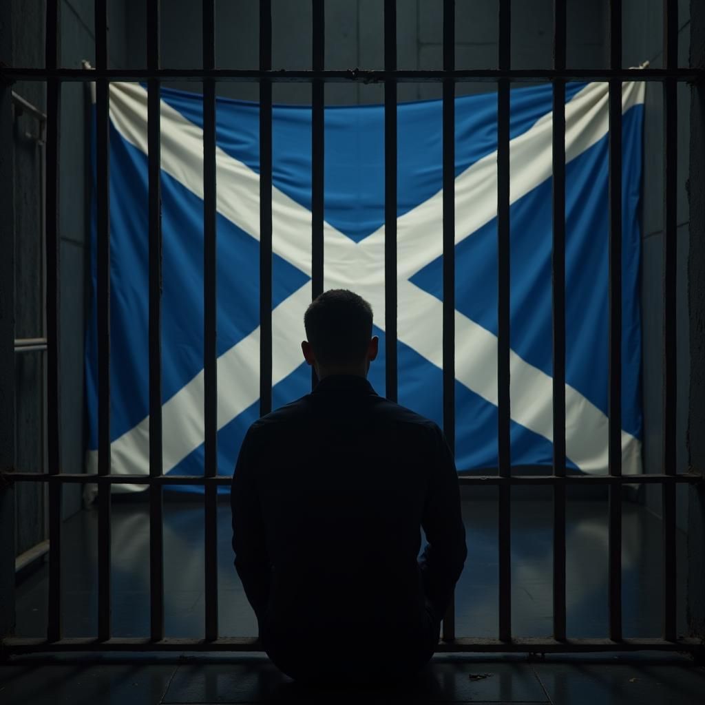Scotsman in Jail Cell with Scottish Flag