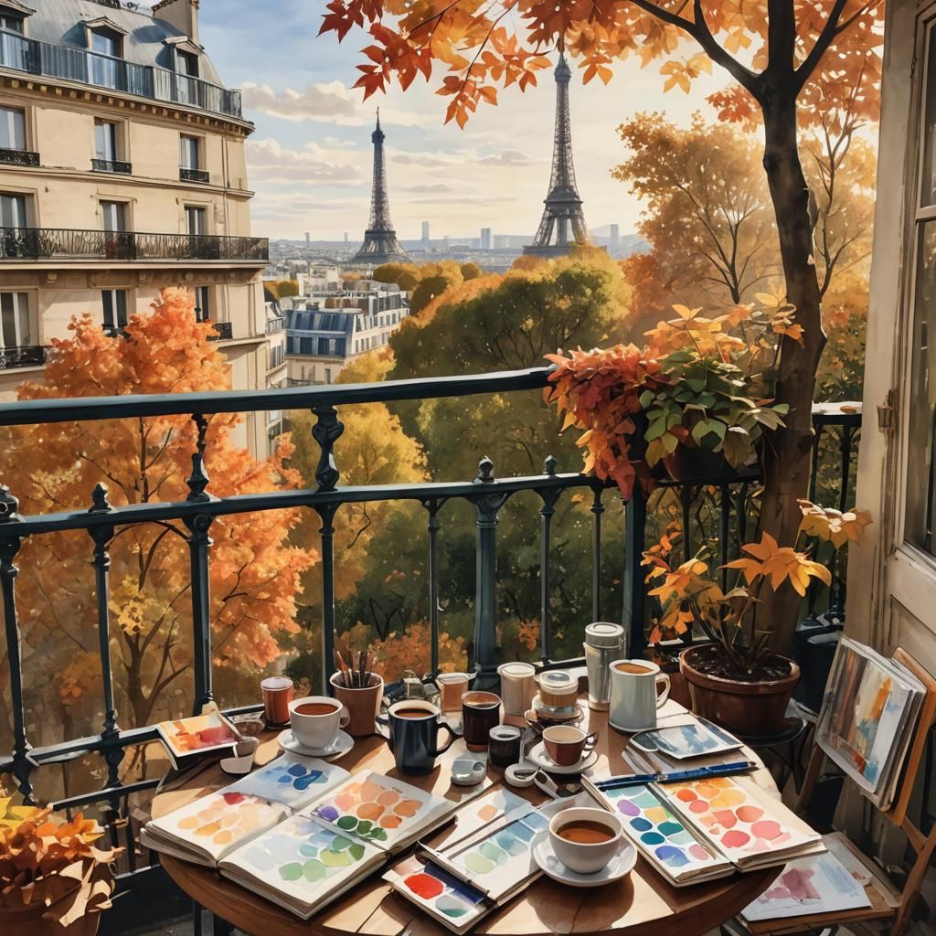 Parisian Balcony View with Eiffel Tower, Cinematic Style