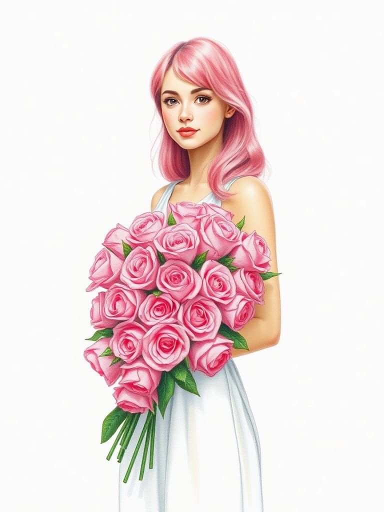 Confident Pink-Haired Woman with Roses in Pastel Crayon