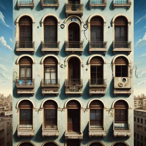 surreal image of a building more than 60 years old with face...
