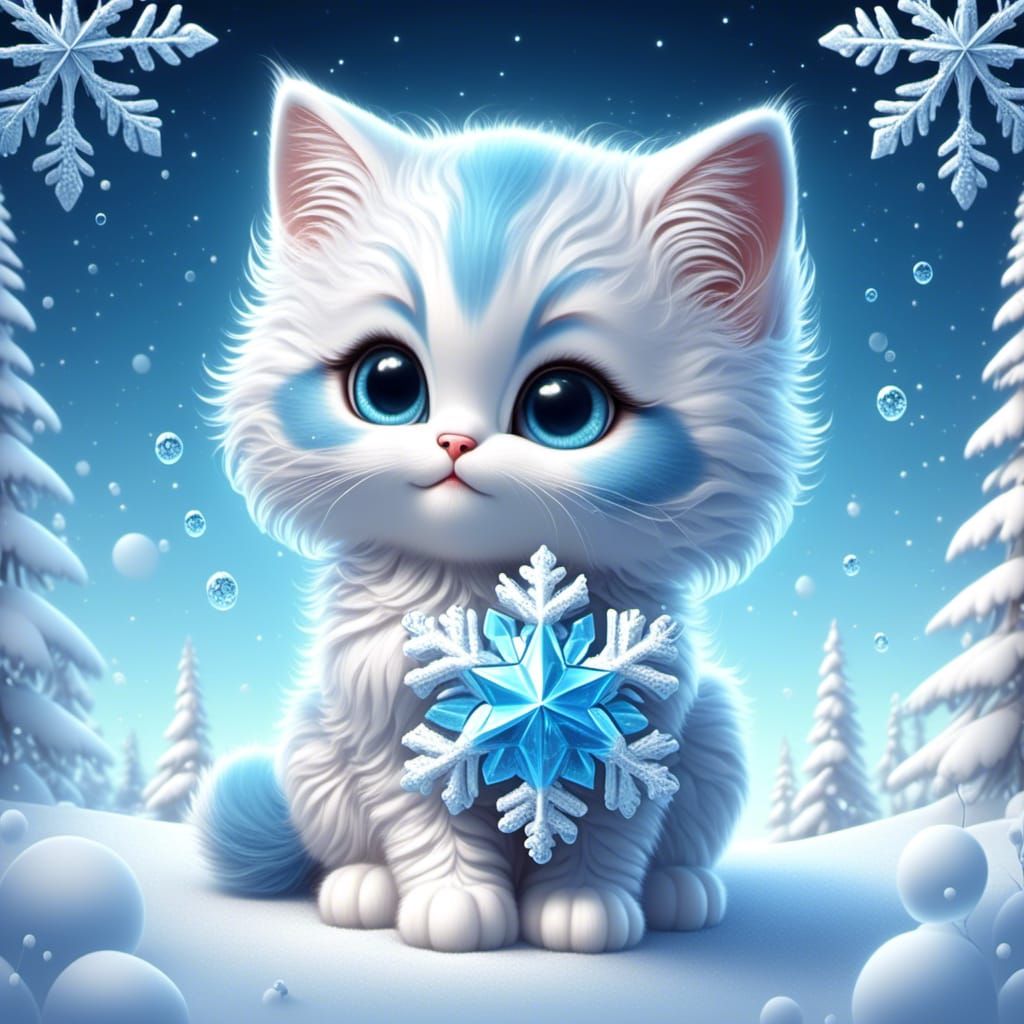 Chibi Kitten Holds Sparkling Snowflake with Fractal Elements