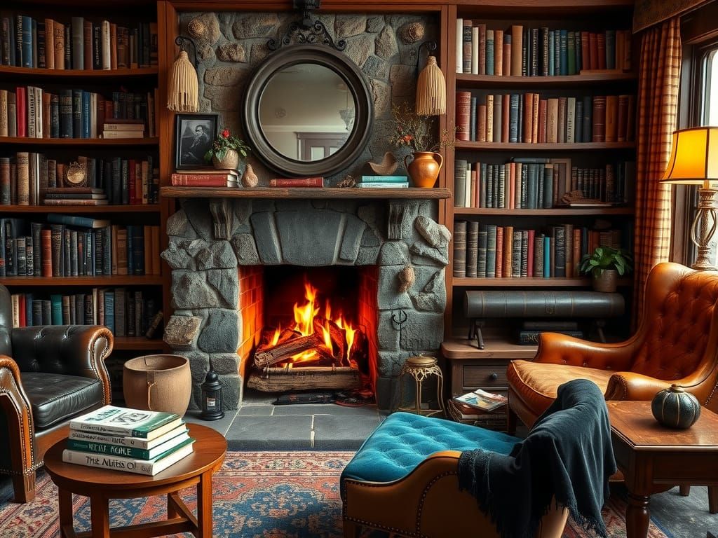 Cozy Rustic Room with Fireplace and Books