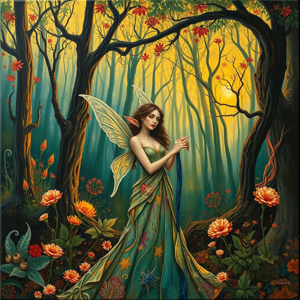 Ethereal Fairy Elf Embrace in Sylvan Art Deco Landscape