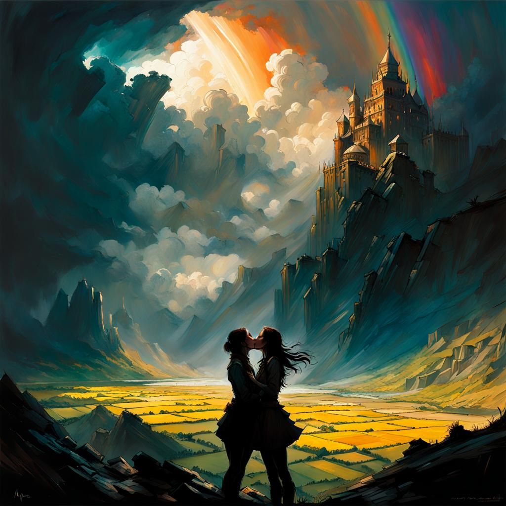 Passionate Kiss in Stormy Fantasy Landscape