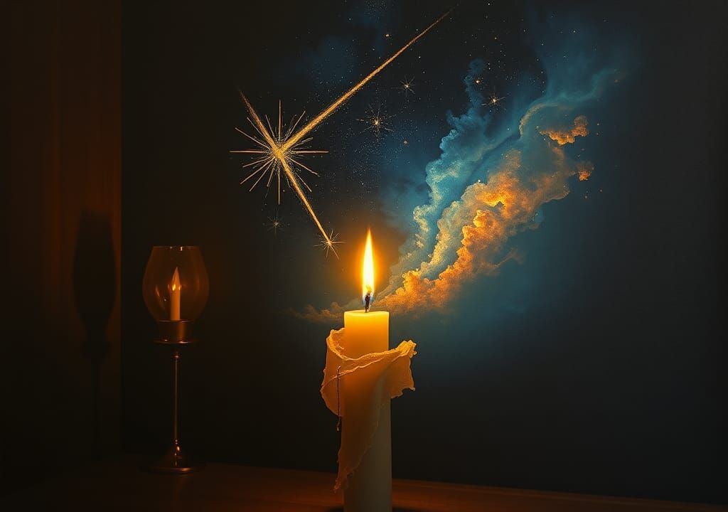 Cosmic Candle Flame: A Surreal Oil Painting