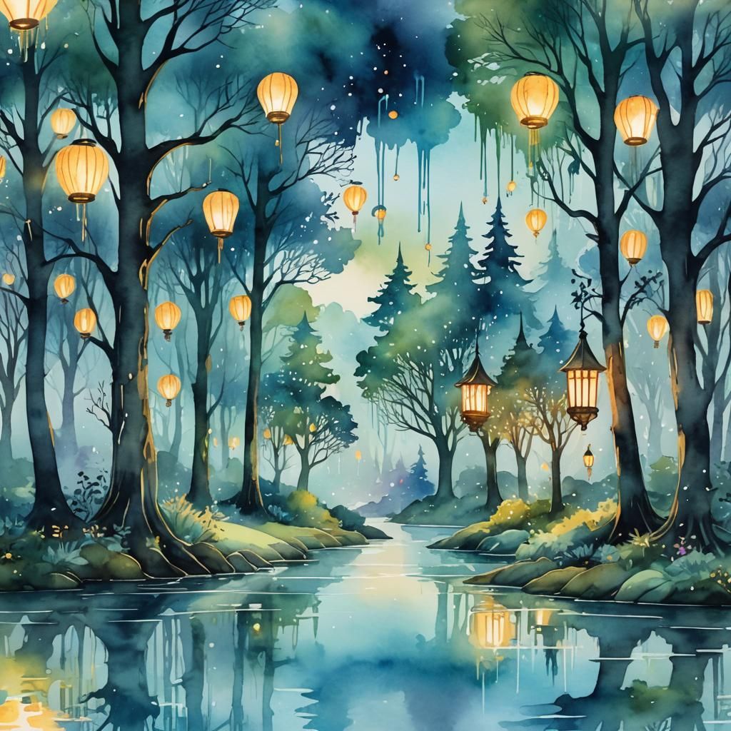 Ethereal Forest with Floating Lanterns: Watercolor Art