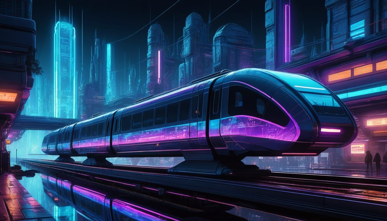 Surreal Futuristic Monorail Train Illuminates Alien Cityscap...