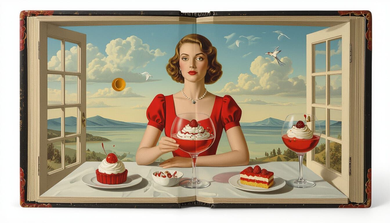 Surreal Woman in Glass with Dessert, Dali-Inspired Art