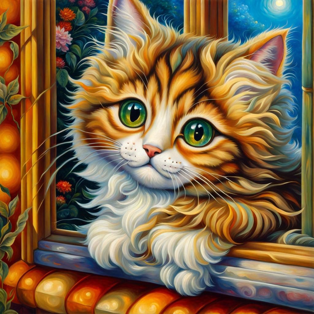 Chibi Fluffy Cat Oil Painting Near Window