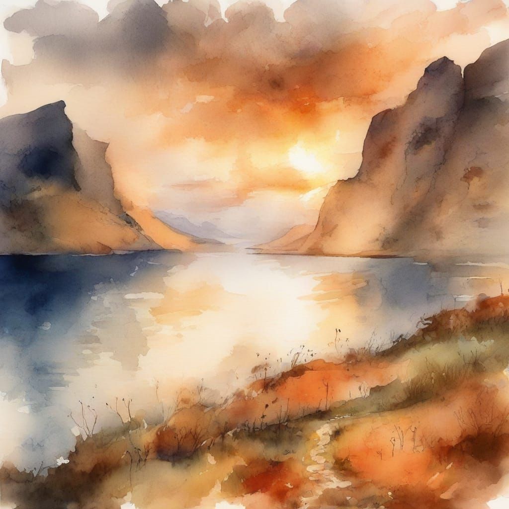 Kalsoy Island Sunset in Impressionist Watercolor Style