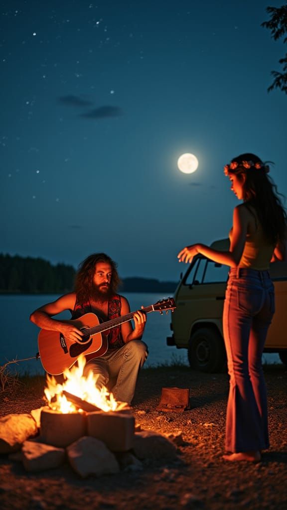 Vibrant Hippie Gathering Under Starry Night Sky