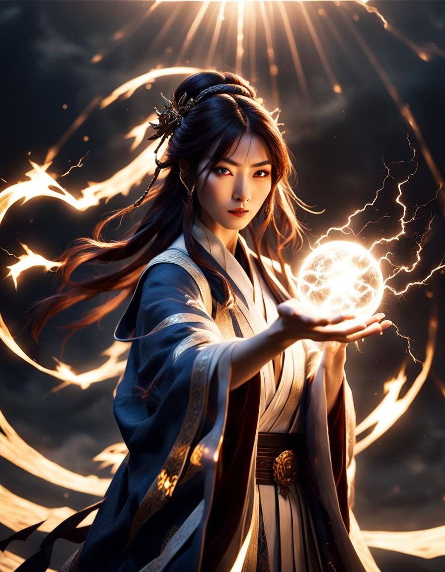 Japanese Sorceress Wielding Lightning in Magic Hour