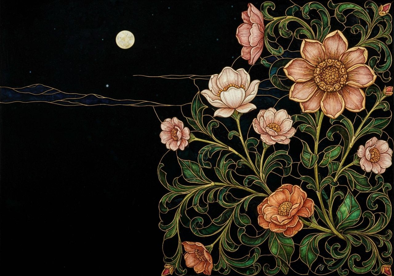 Stained Glass Floral Design with Moonlit Sky