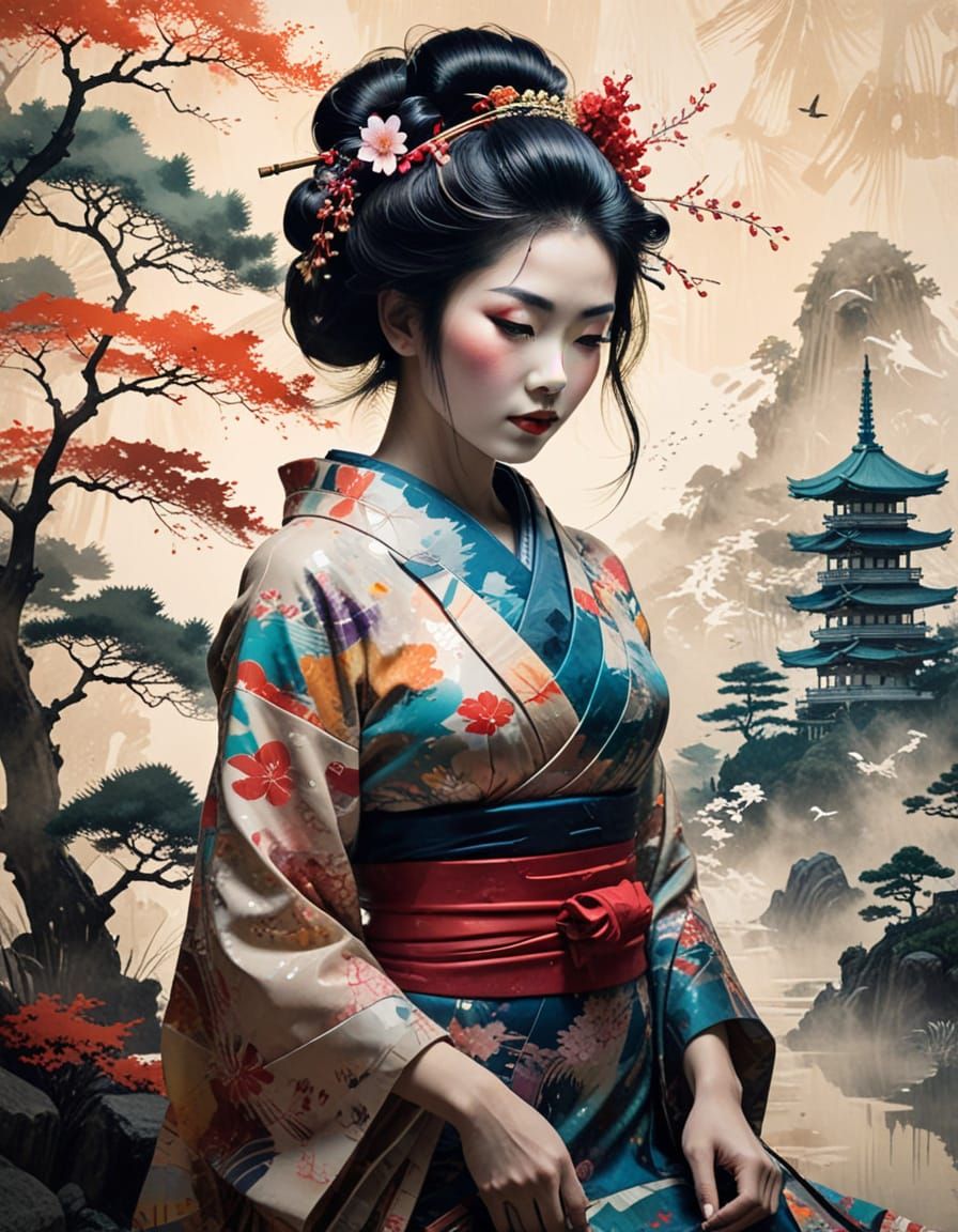 Geisha Silhouette with Japanese Landscape Art