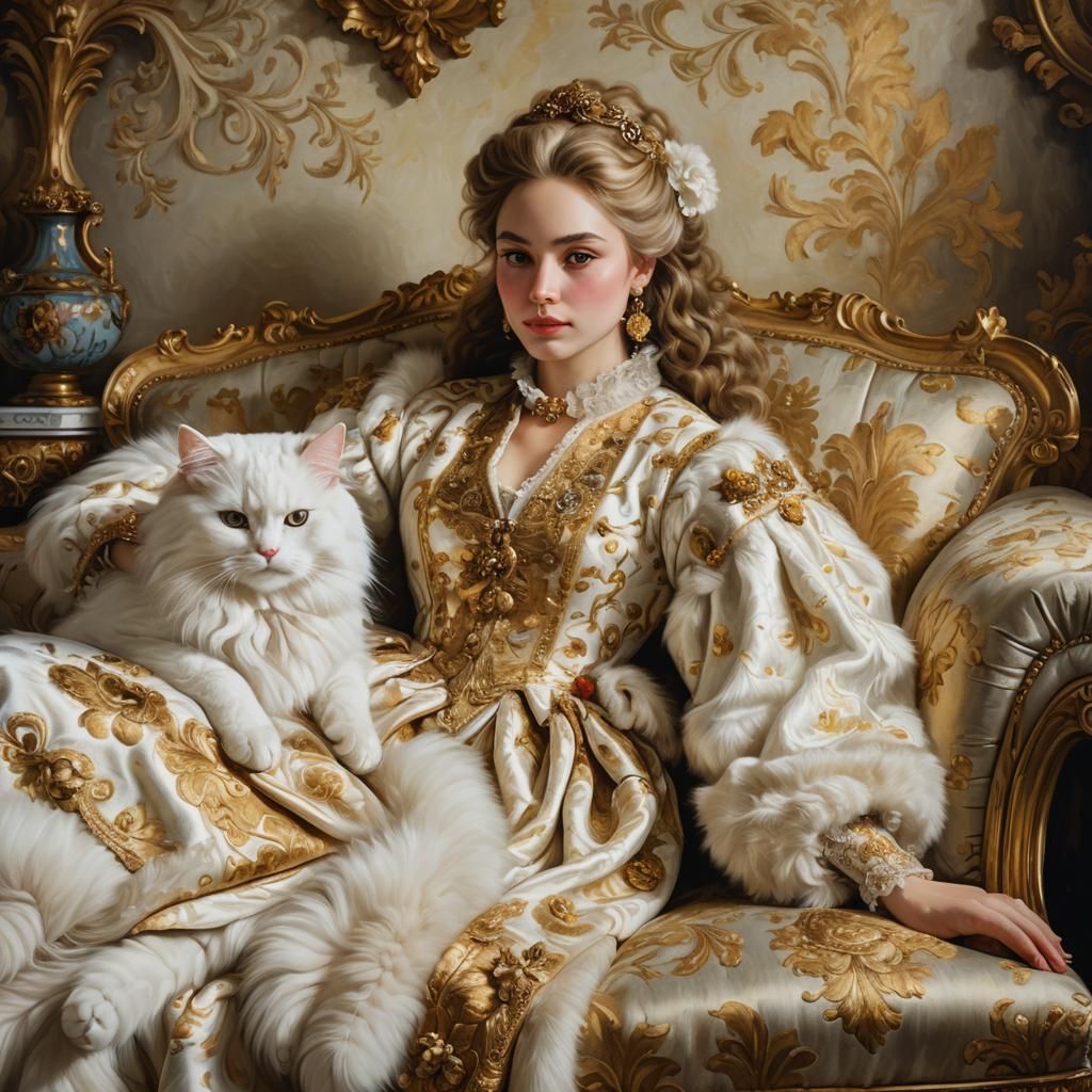 Baroque Oil Painting of Person Pampering White Cat
