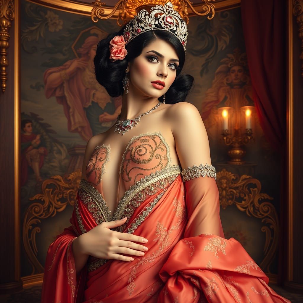 Regal Woman in Lavish Setting, Alphonse Mucha Style