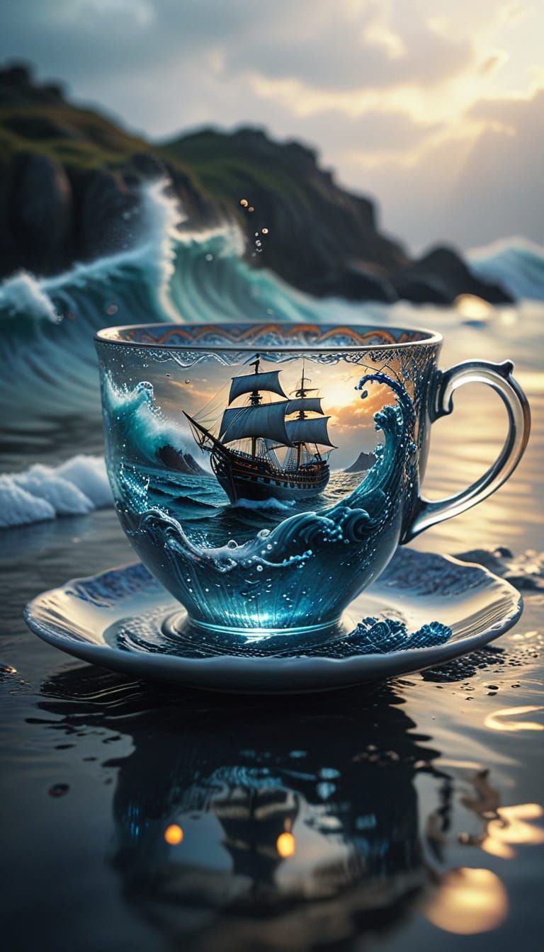 Surreal Teacup Landscape with Ship in Turbulent Waters