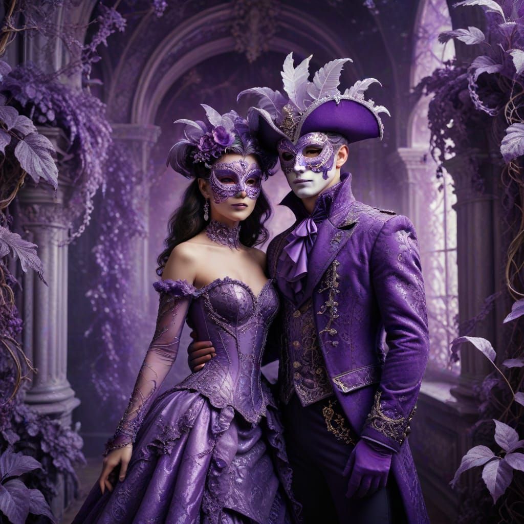 Couple at Purple Baroque Masquerade Ball