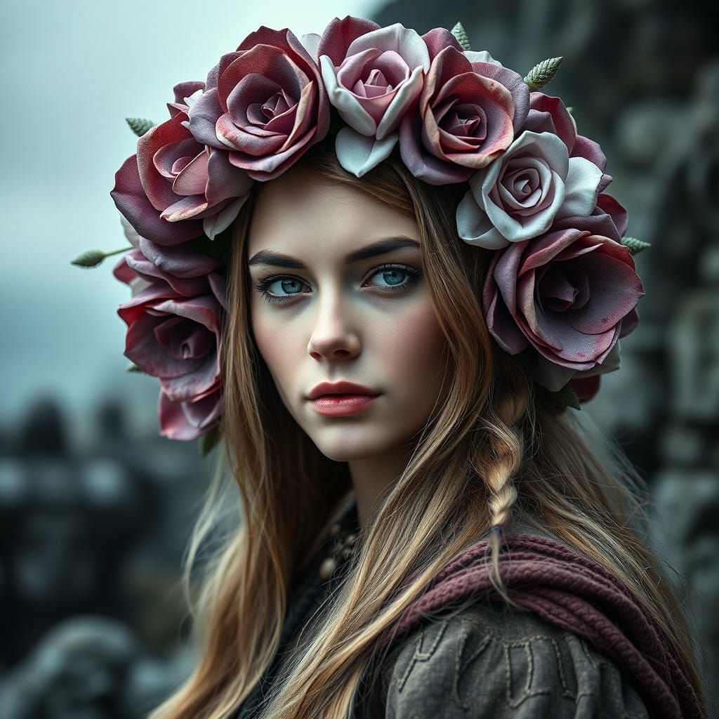 Viking Woman Adorns Herself with Vibrant Flower Crown