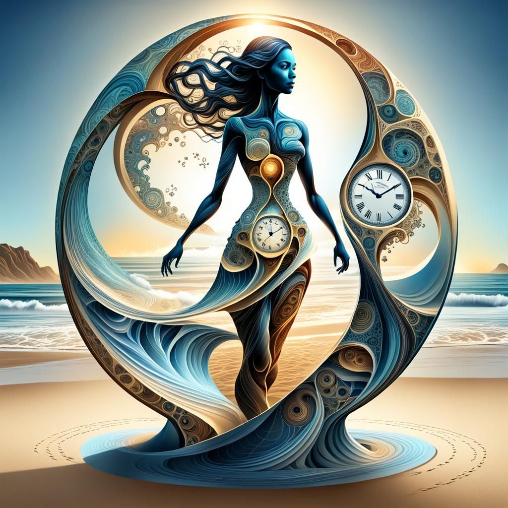 Woman with Hourglass on Beach at Sunrise