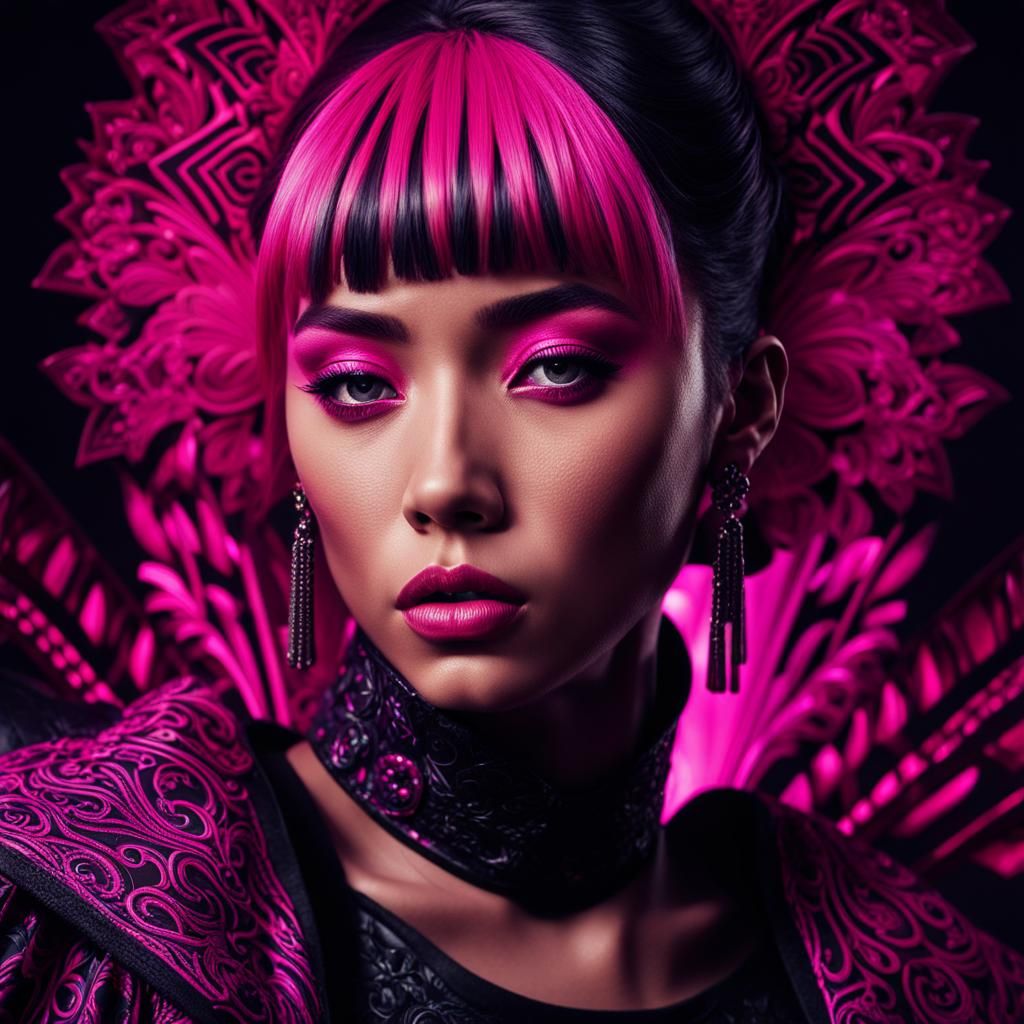 Figure in Black and Pink Outfit: Hyperrealistic Digital Art