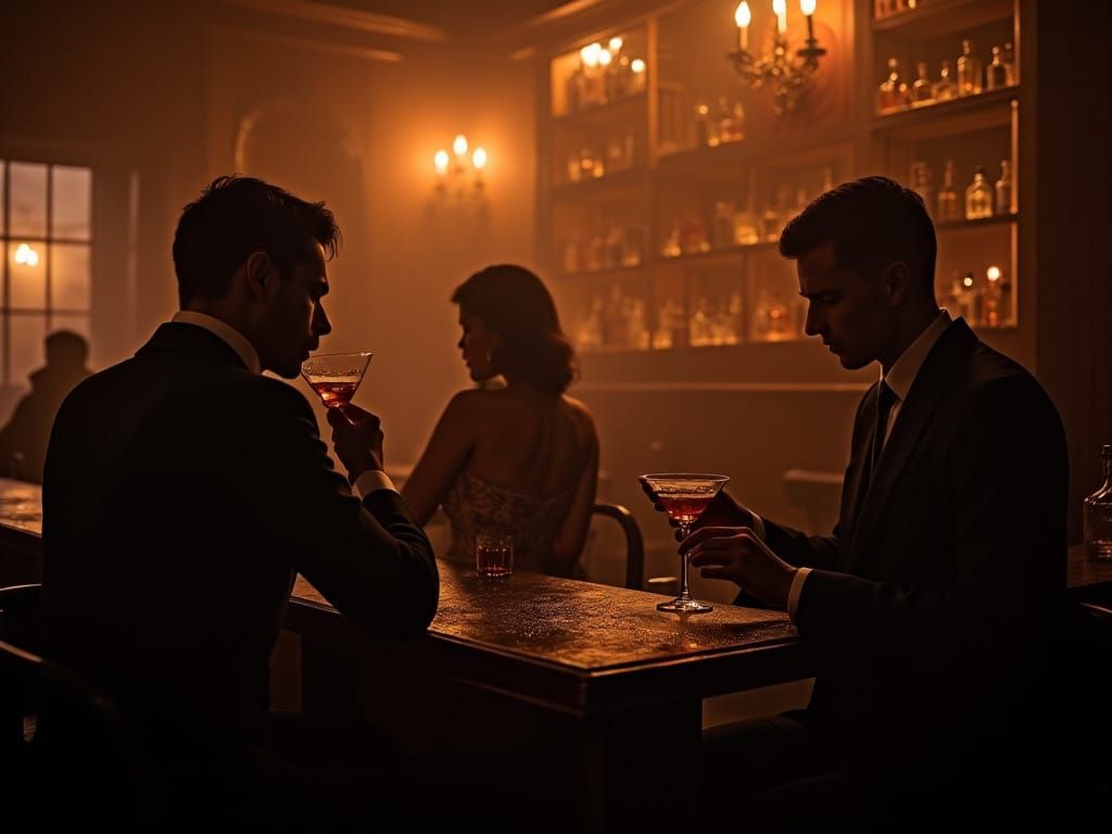Surreal 1920s Speakeasy at Night, Bathed in Amber Tones, wit...