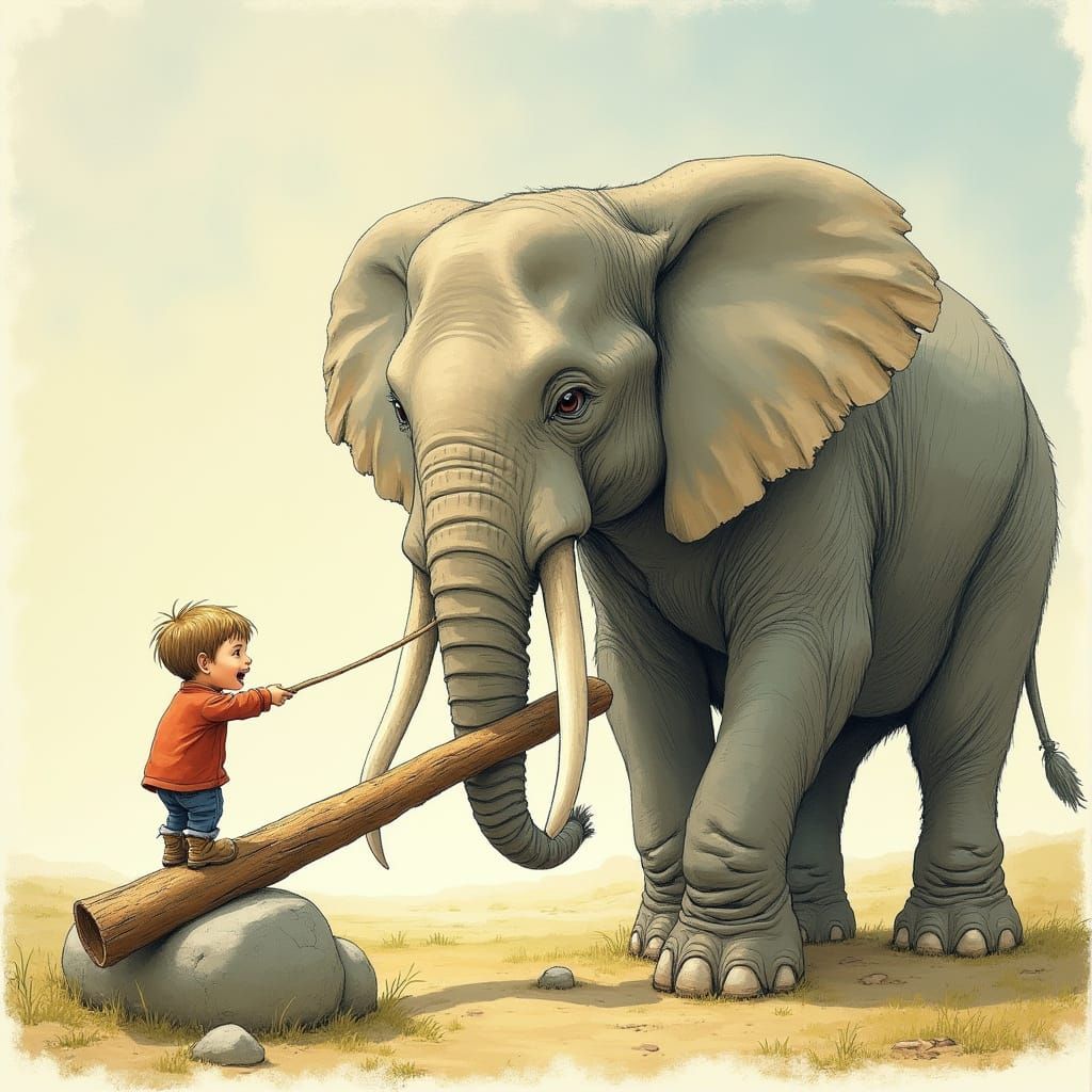 Child Lifts Elephant with Lever, Playful Illustration