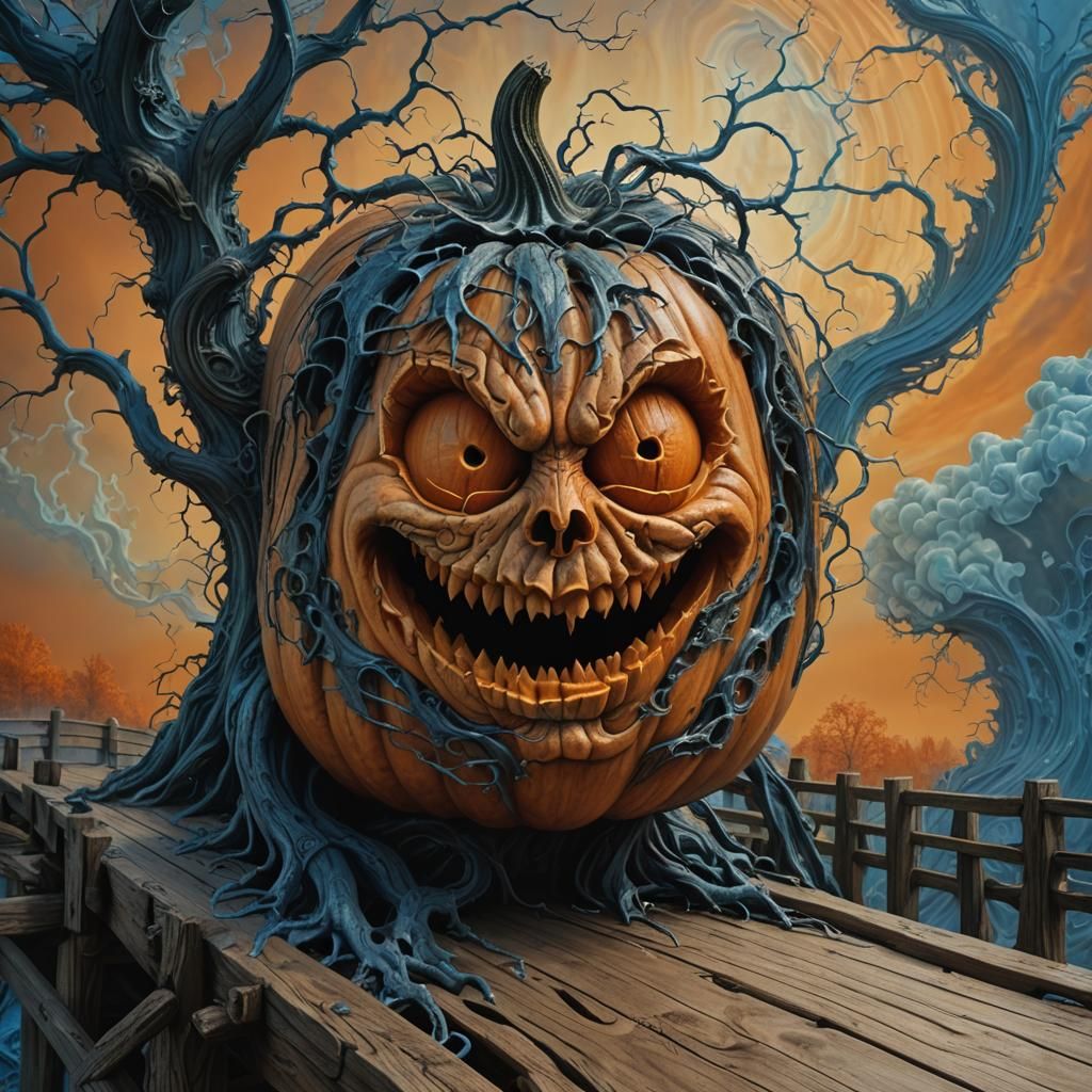 Anthropomorphic Pumpkin on Fractal Bridge in Surrealist Styl...