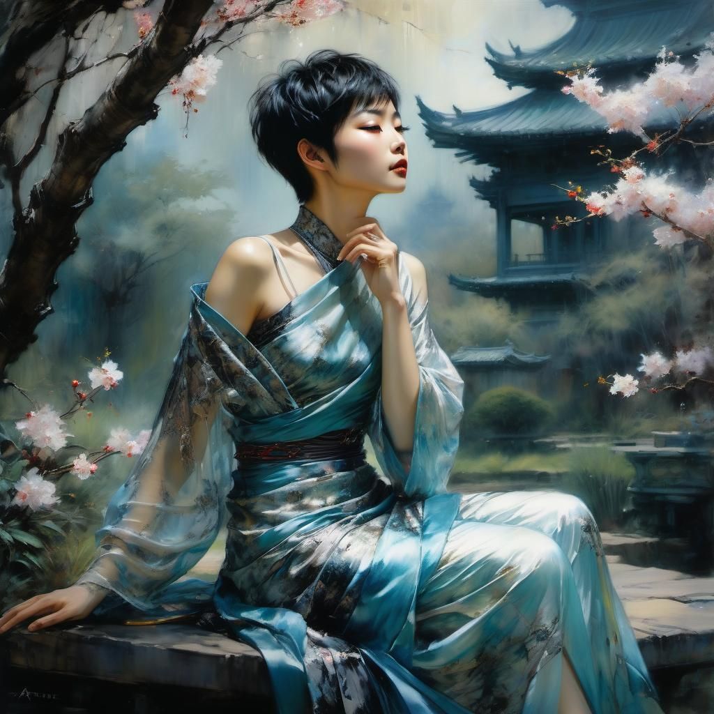 Celestial Asian Beauty in Cherry Blossom Garden