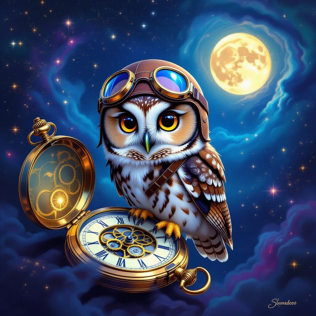 Curious Owl on Pocket Watch in Nebula