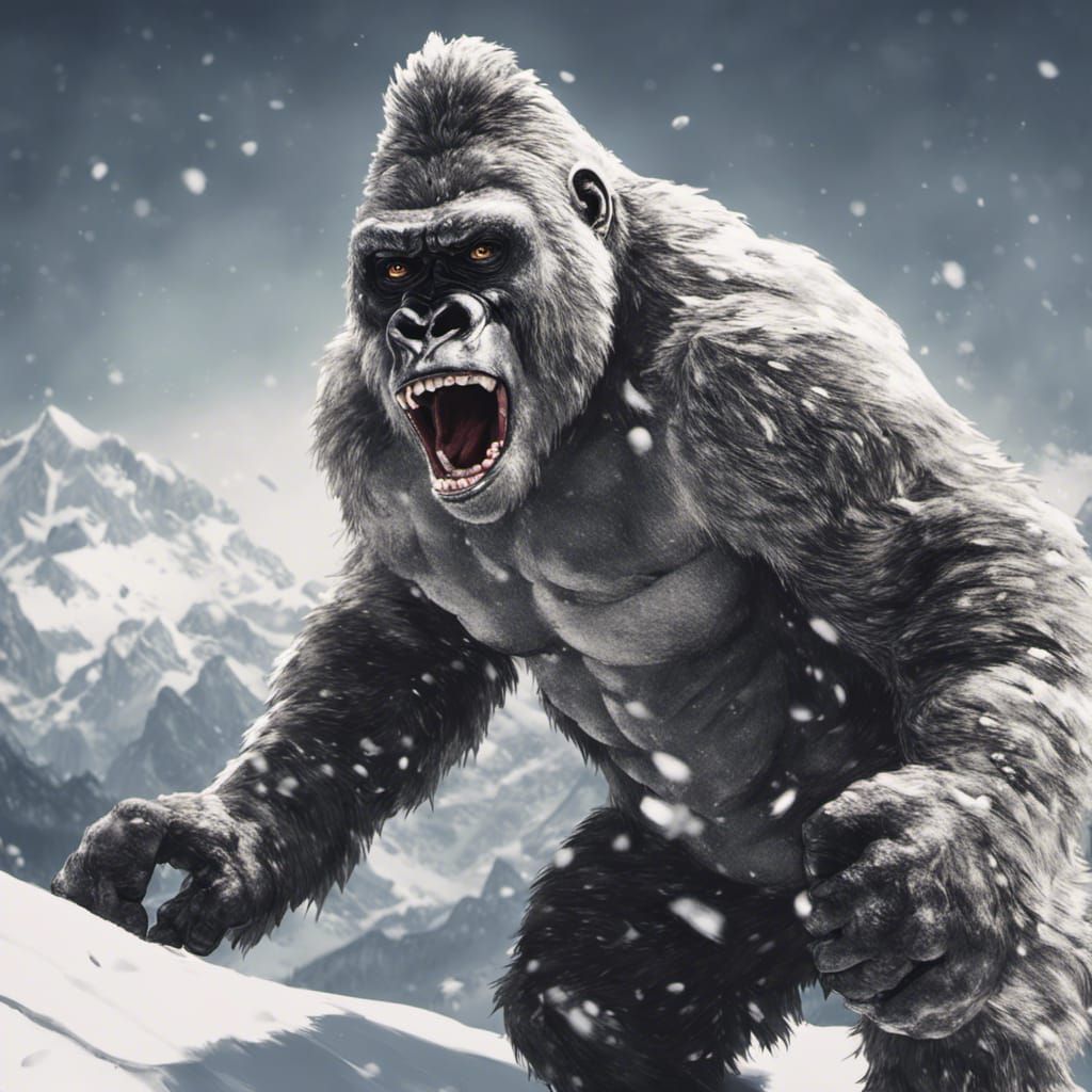 Angry Gorilla Snowboarding Down Mountain in Rutkowski Style