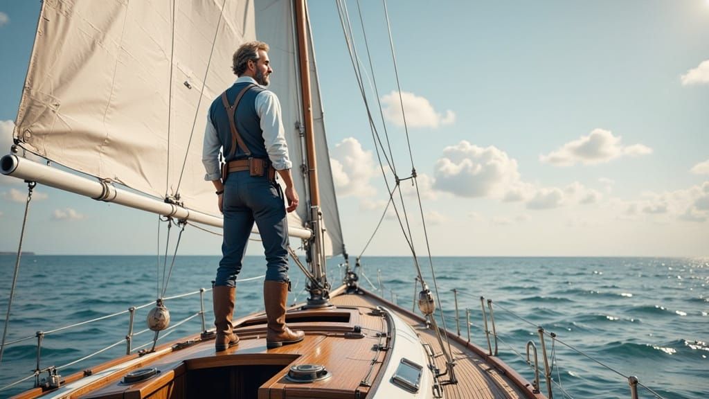 Confident Sailor at the Helm of a Wooden Sailboat