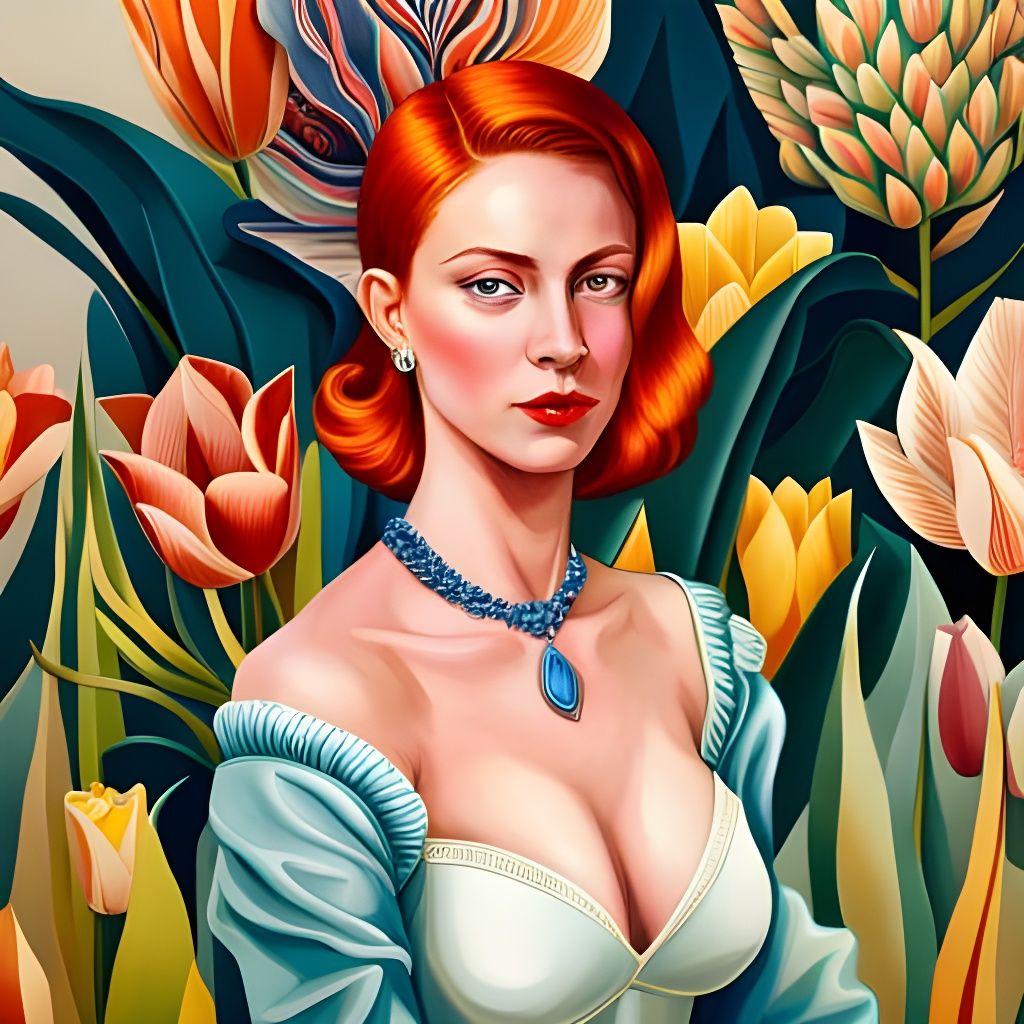 Elegant Woman with Tulips in Photorealistic Style