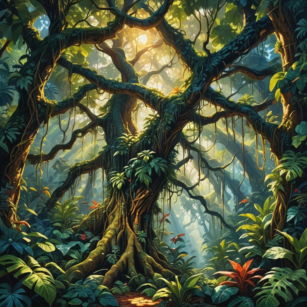 Lush Jungle Art: Exotic Plants in Triadic Colors