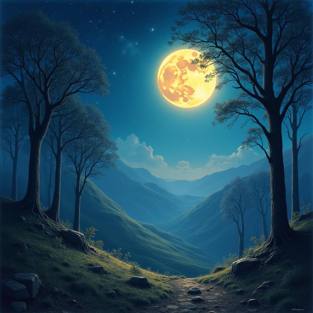 Ethereal Moonlit Fantasy Landscape with Ancient Trees