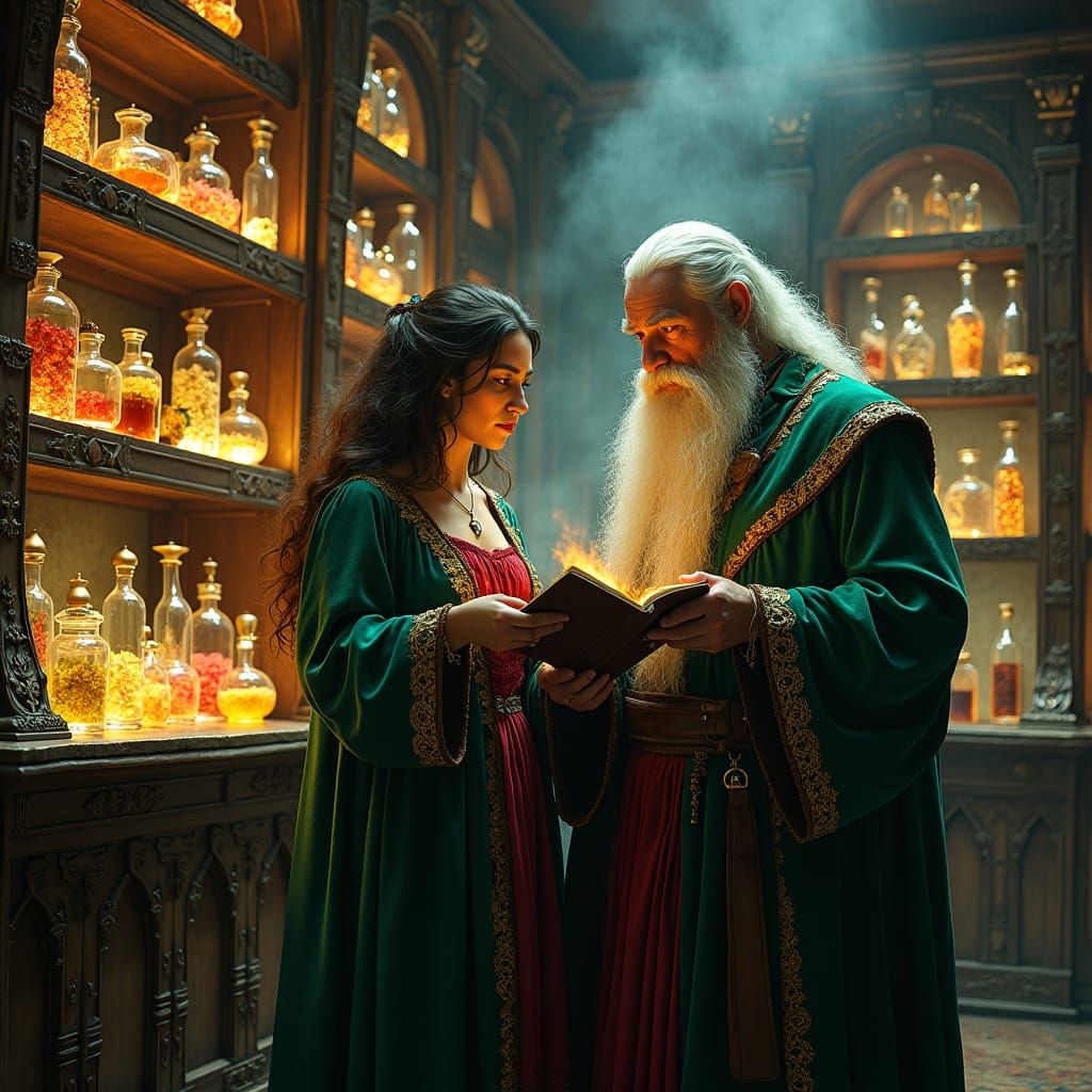 Steampunk Apothecary Scene with Wizard and Witch