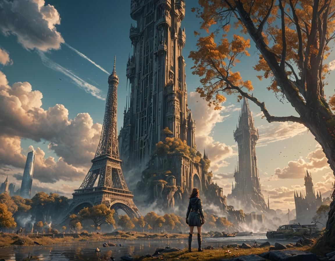 Girl Gazing at Eiffel Tower: Detailed Matte Painting