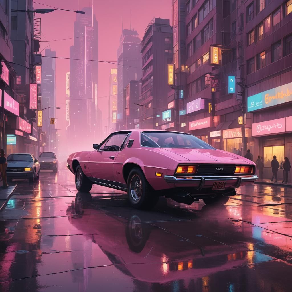 Pink 70s Car in Retro-Futuristic Cityscape