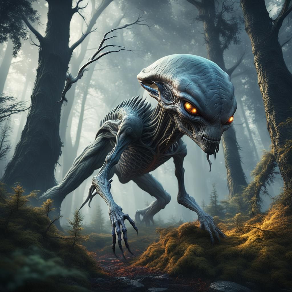 Grey Alien Creature in Detailed Matte Painting