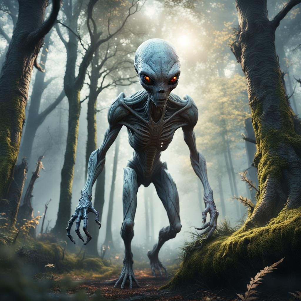 Grey Alien Creature in Detailed Matte Painting